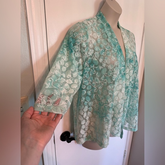 Floral Sheer Southern Lady white and teal Kimono Cardigan Sz  L #1797 - Picture 4 of 7